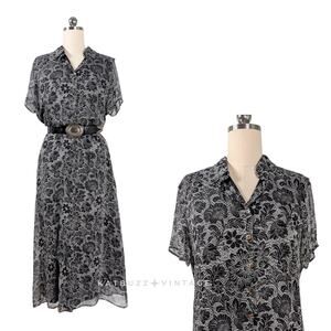 Vintage Silk Maxi Shirt Dress 16 Black White Floral Button Summer Church Sleeve